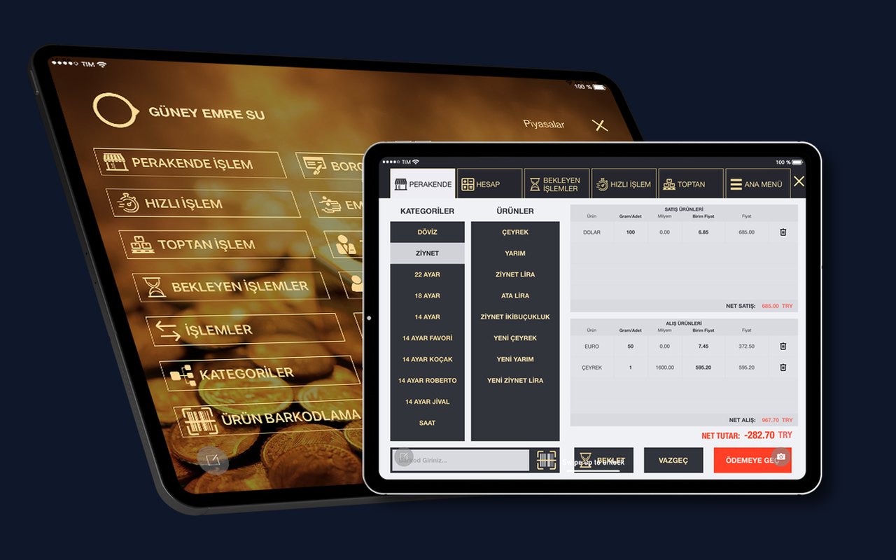 Kuyumcum mağaza yönetim uygulamasının tablet üzerindeki perakende işlem ekranları